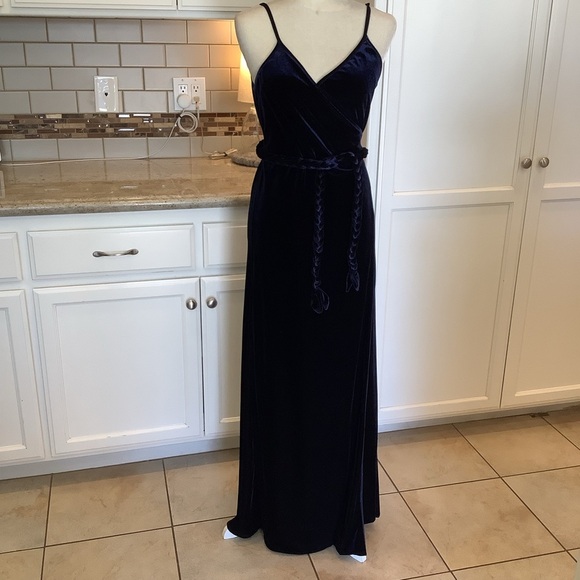 Misa Blue Velvet Wrap Dress Maxi Length Rope Belt - Picture 2 of 10